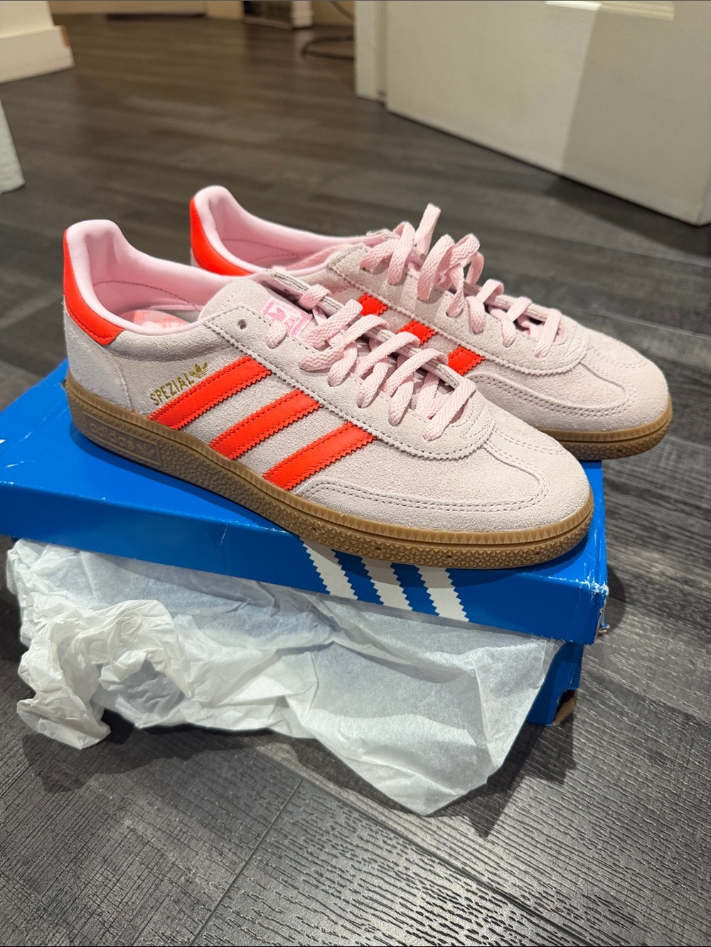 adidas women Spezial Suede Sneakers - Light Pink with Neon Coral Stripes